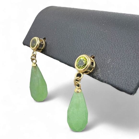Natural Green Jade and Peridot Dangle Earrings Solid 14k Yellow Gold - NEW - Picture 2 of 6